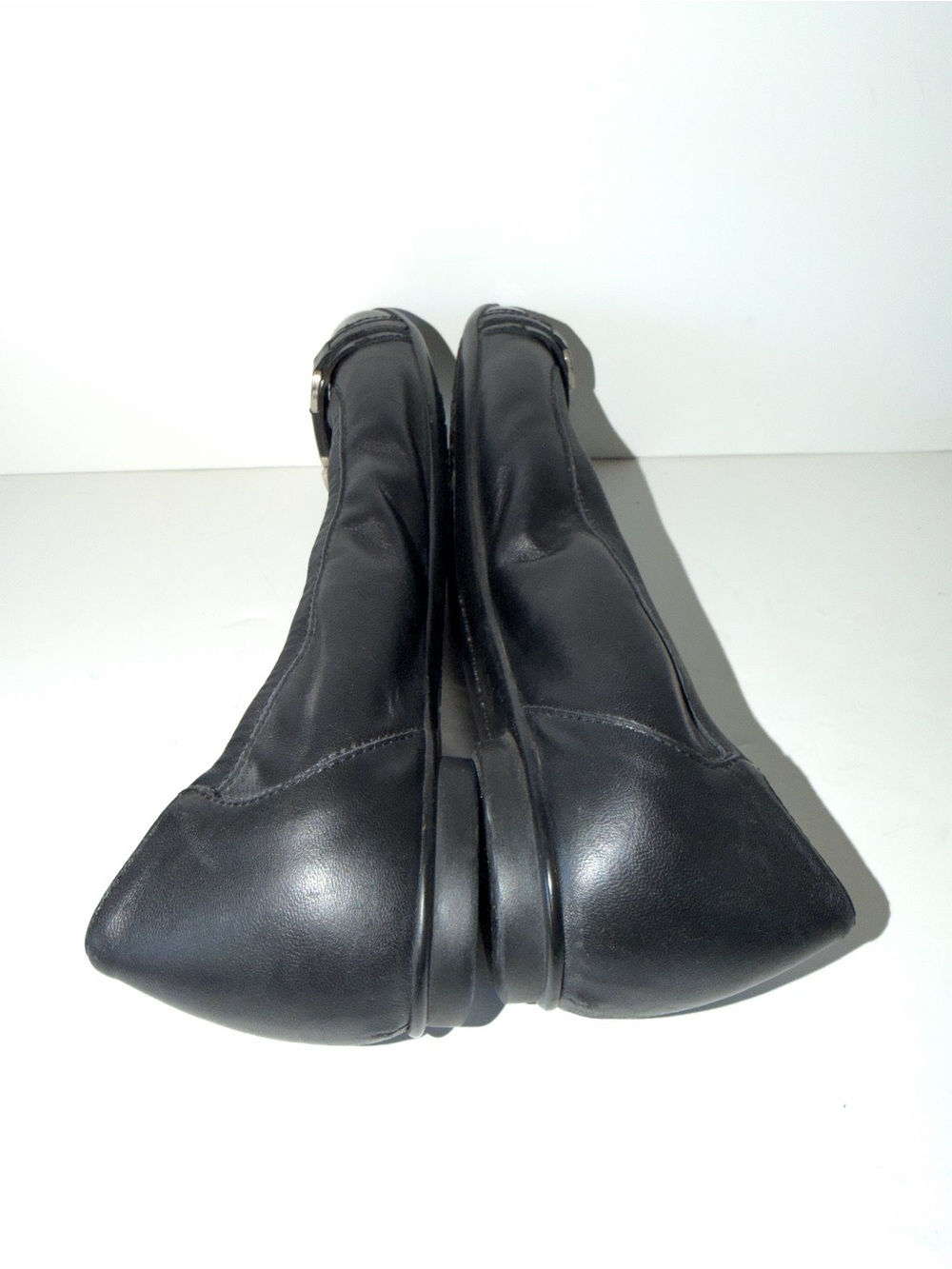 AGL Black Ballet Flats Patent Cap Toe Black Leather Pewter Buckle Women Sz 41/10 - Picture 10 of 12